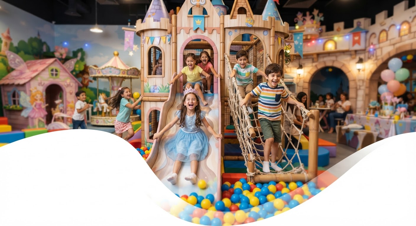 Mesa decorada com doces finos e bolo de castelo real no buffet infantil