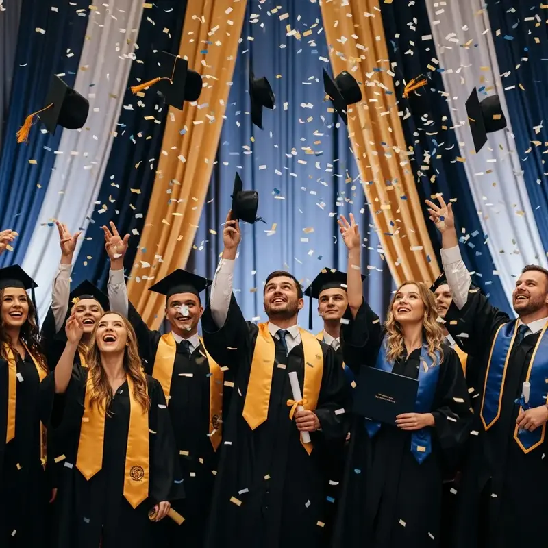 Jovens formandos sorrindo e abraçando-se, celebrando a conclusão de seus estudos.