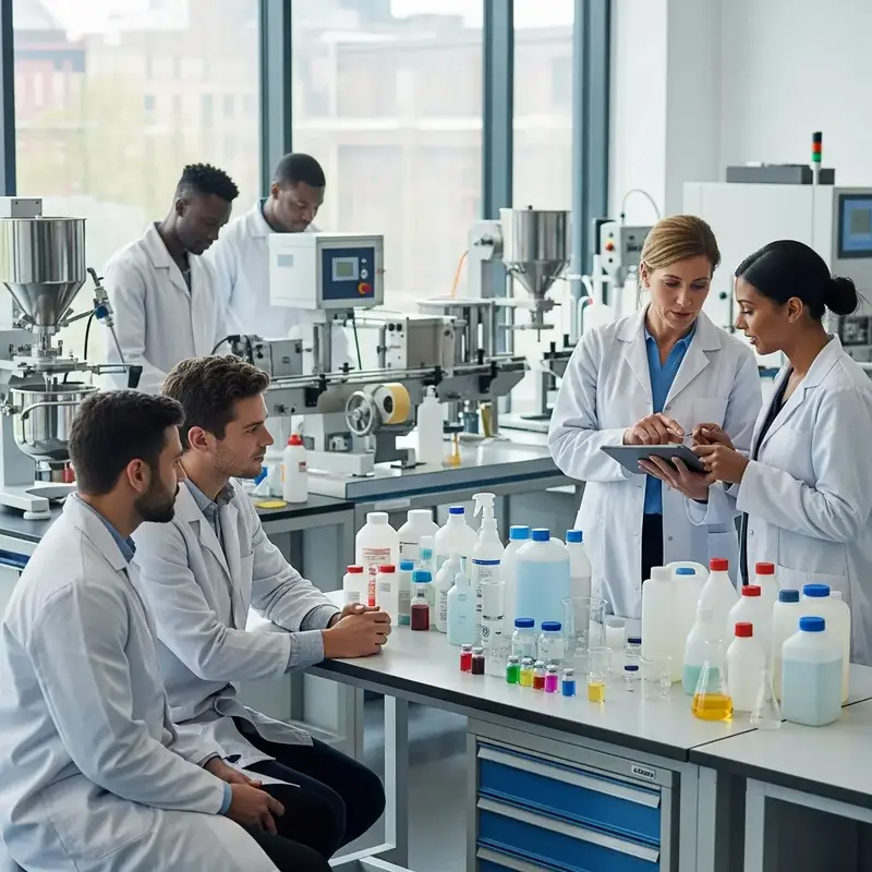 Frascos de produtos químicos e equipamentos de laboratório