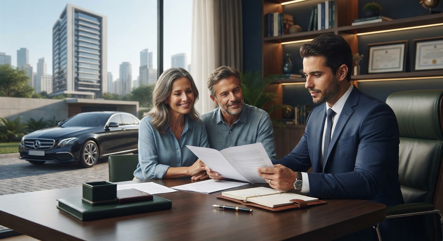 Profissional de seguros analisando propostas em ambiente corporativo, demonstrando credibilidade e cuidado.