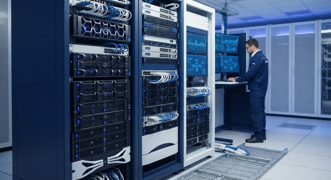 Roteadores e switches de rede profissionais com conexões de fibra óptica brilhando em azul