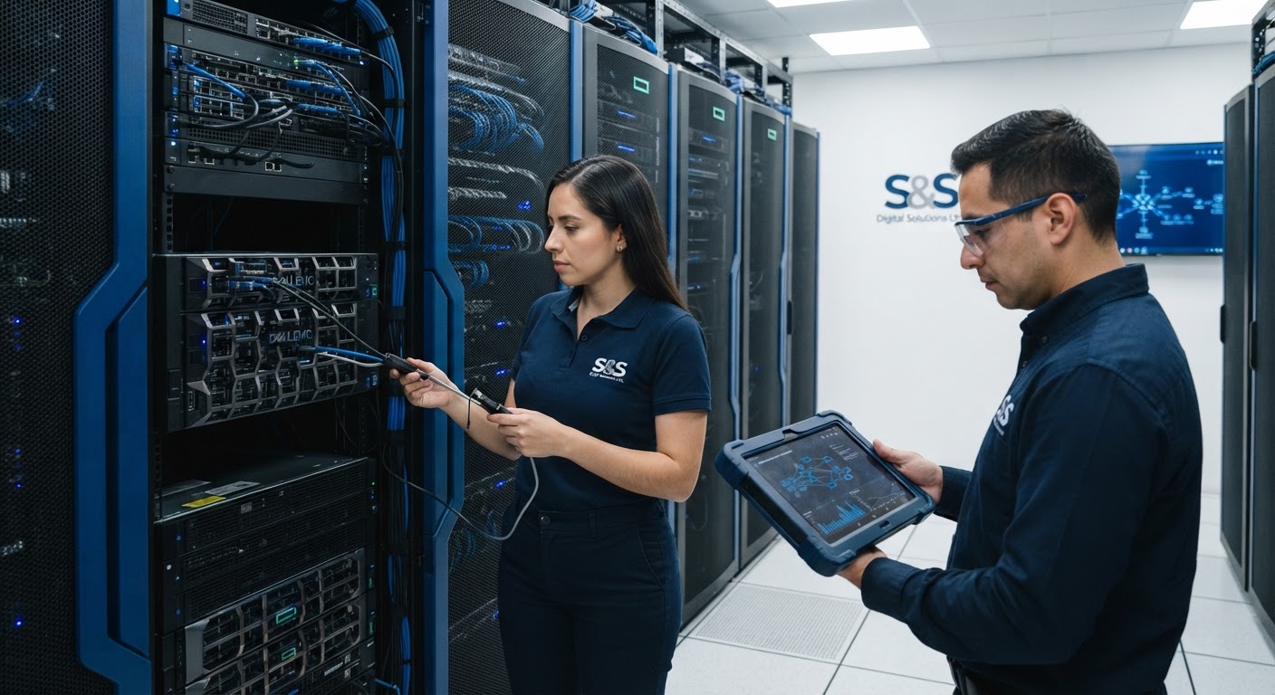 Notebook corporativo moderno com monitor duplo de alta definição alinhado em escritório limpo