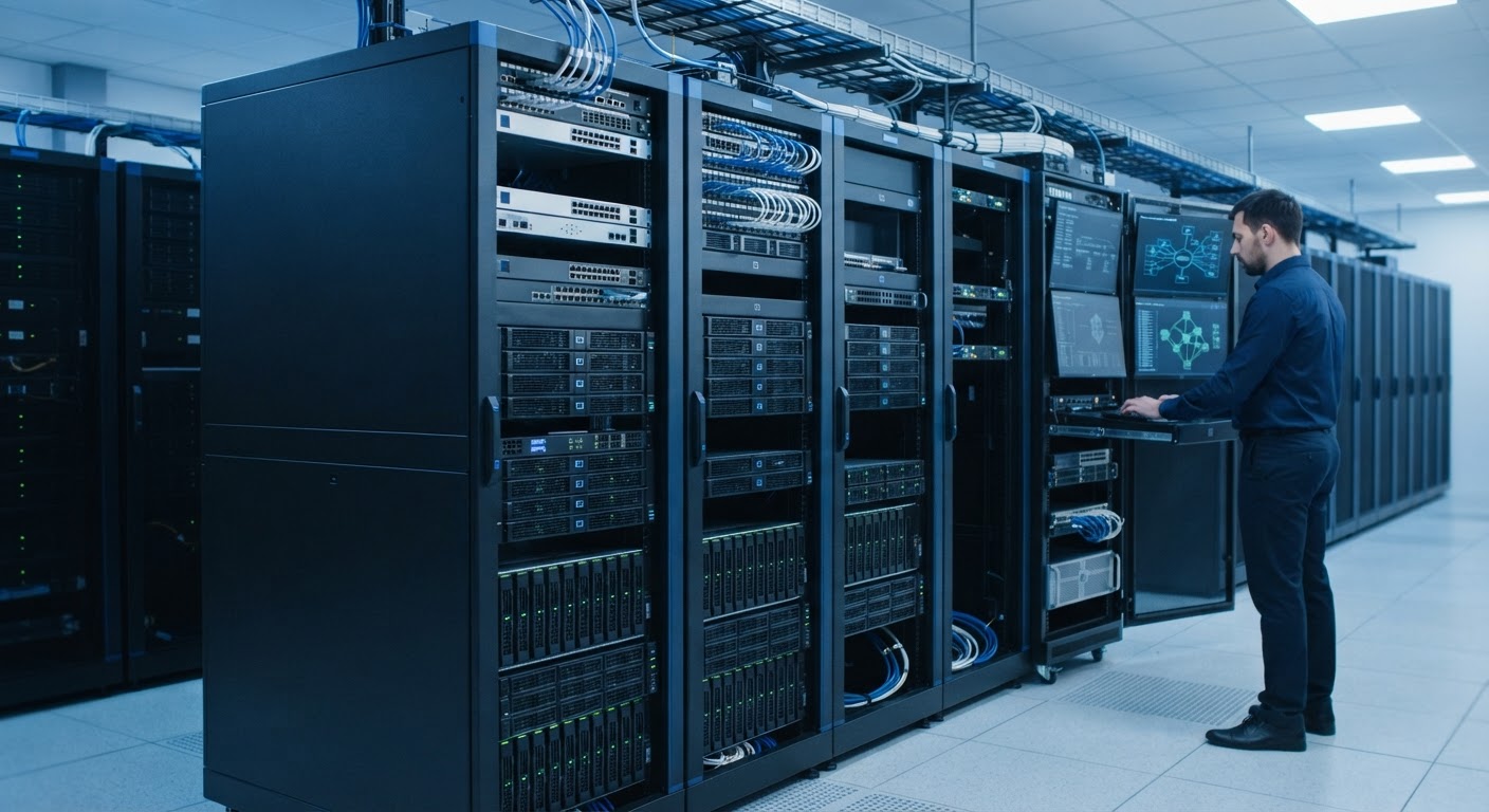 Rack de servidores industriais em funcionamento em sala de TI corporativa estruturada