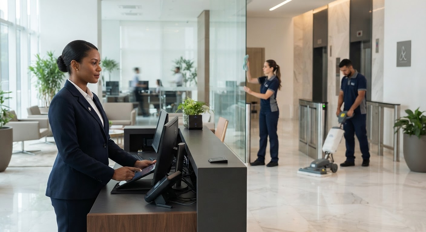 Colaborador de portaria atento em monitoramento de segurança institucional