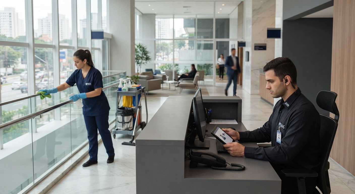 Profissional de higienização limpando mesa de escritório de vidro com pano de microfibra azul.