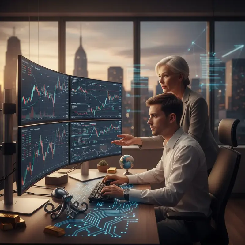 Robô de investimento em ação, com gráficos e dados financeiros em tempo real