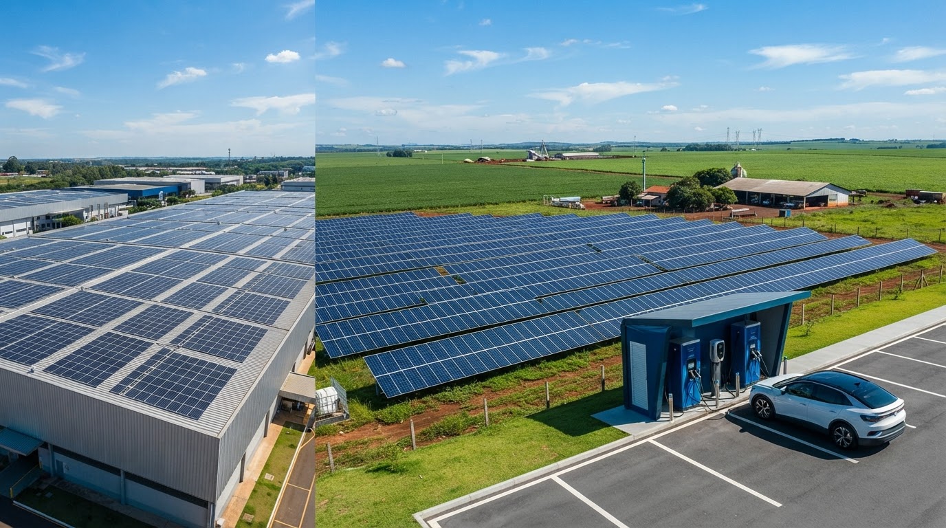 Engenheiro inspecionando usina fotovoltaica moderna com equipamentos de segurança.