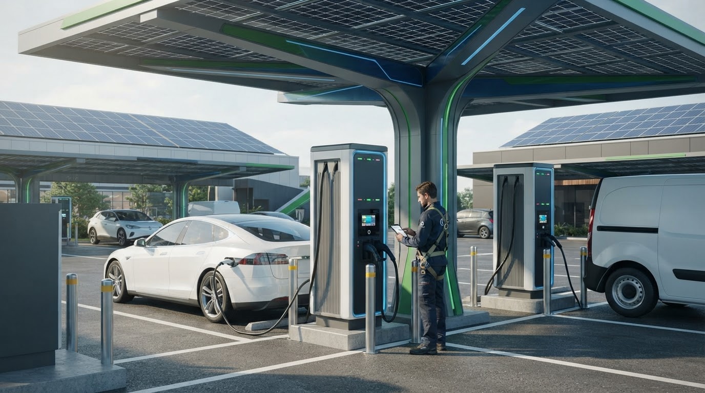 Carro elétrico conectado a uma estação de recarga inteligente integrada à rede solar.