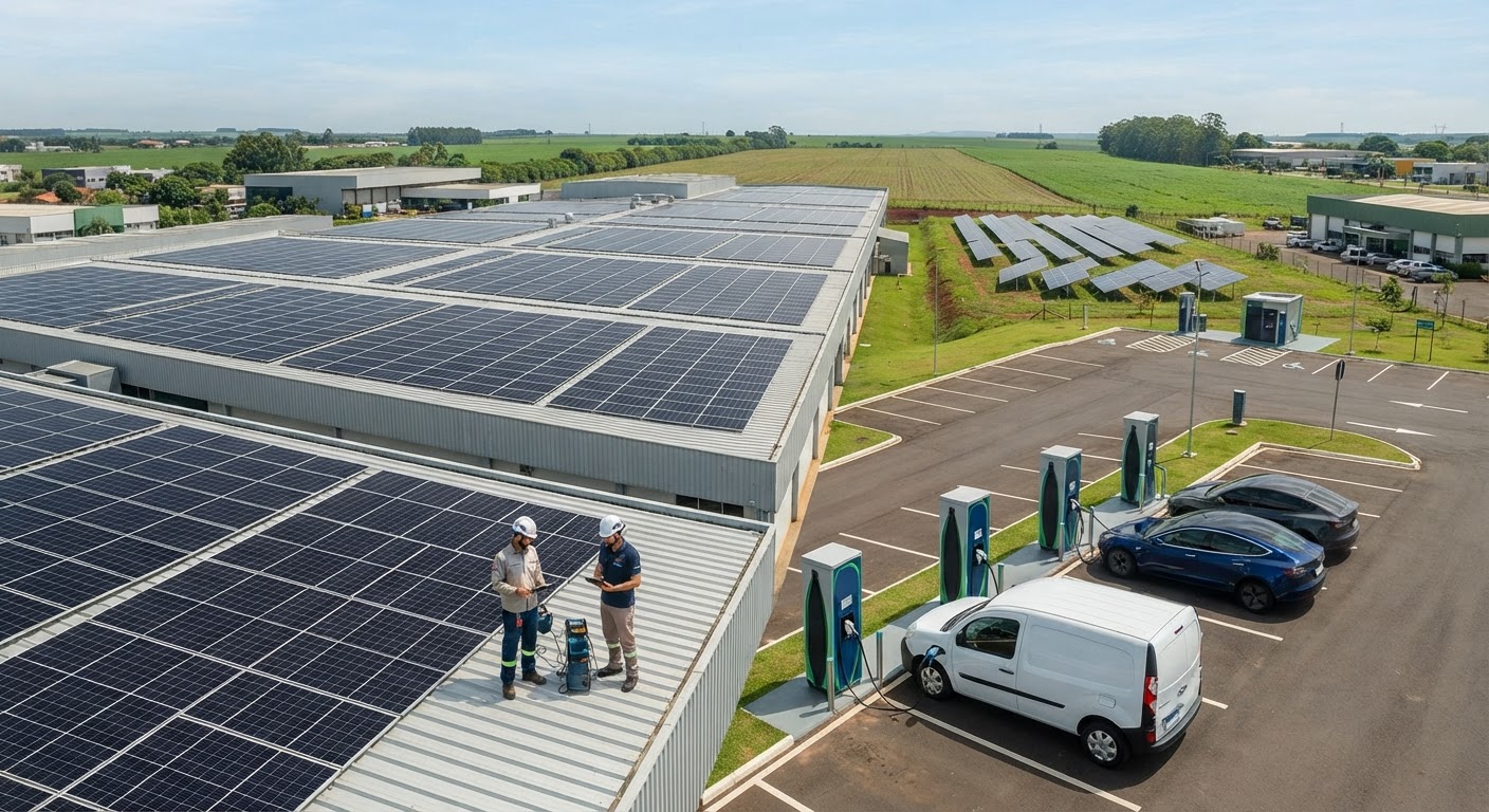 Usinas de energia solar fotovoltaica instaladas no telhado de um galpão comercial moderno