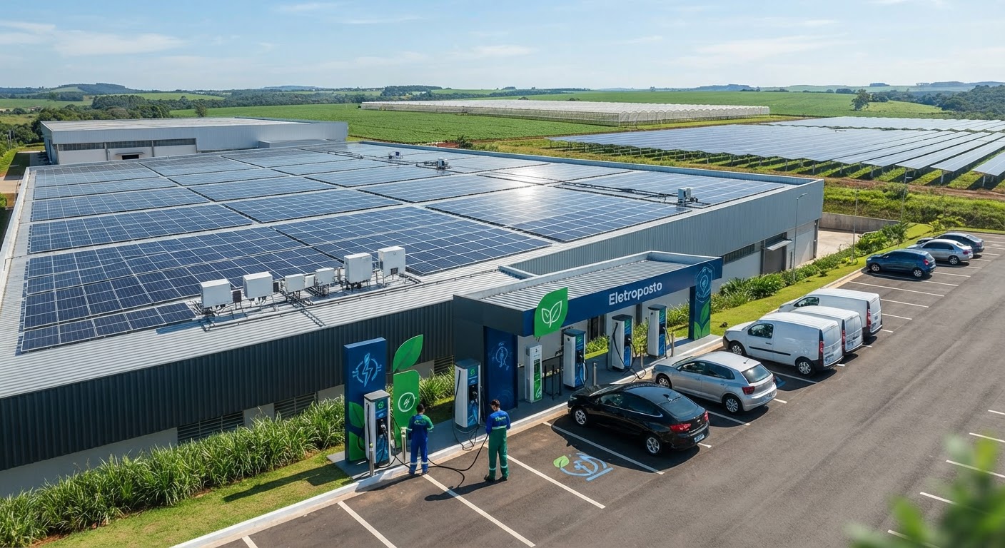 Estação moderna de recarga veicular com carro elétrico sendo carregado
