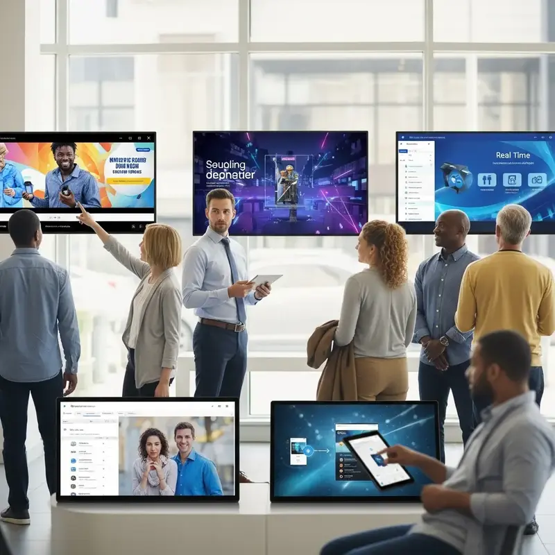 Telas de digital signage exibindo conteúdo dinâmico em um ambiente moderno