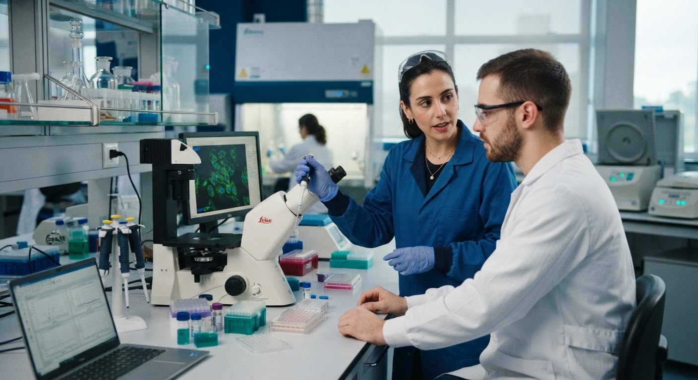 Cientistas em laboratório de alta tecnologia analisando dados biotecnológicos de forma colaborativa