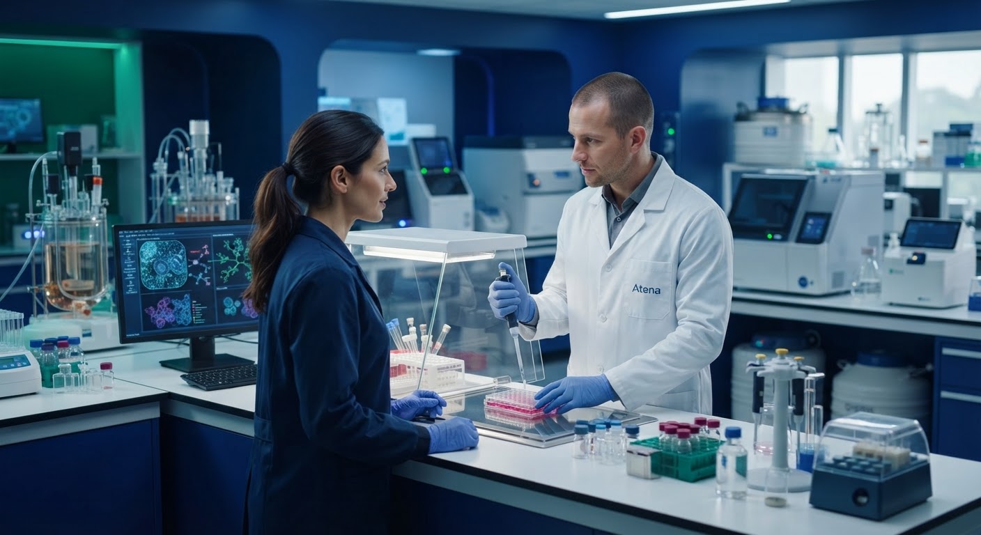 Pesquisadores em biotecnologia em reunião analisando imagens de microscopia celular