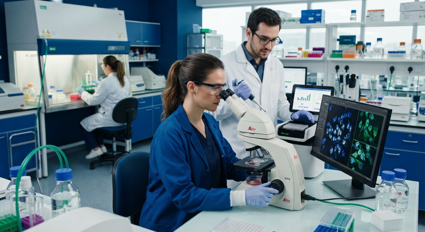 Microscópio de precisão em laboratório de biotecnologia com análises de amostras celulares ao fundo.