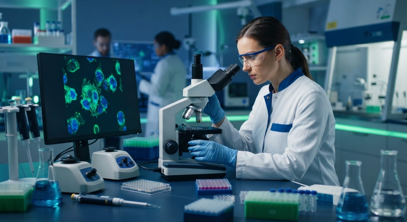 Cientista manuseando placas de cultivo celular sob luz ultravioleta esterilizada em capela de fluxo laminar.