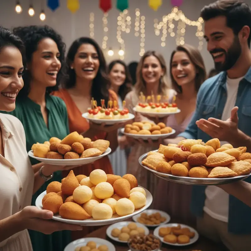Travessa com salgados variados como coxinhas e risoles, recém-fritos e dourados.