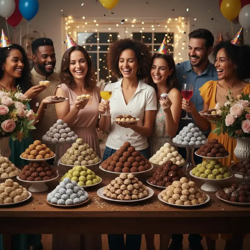 Variedade de mini bolos e brigadeiros gourmet coloridos em uma bandeja de festa.