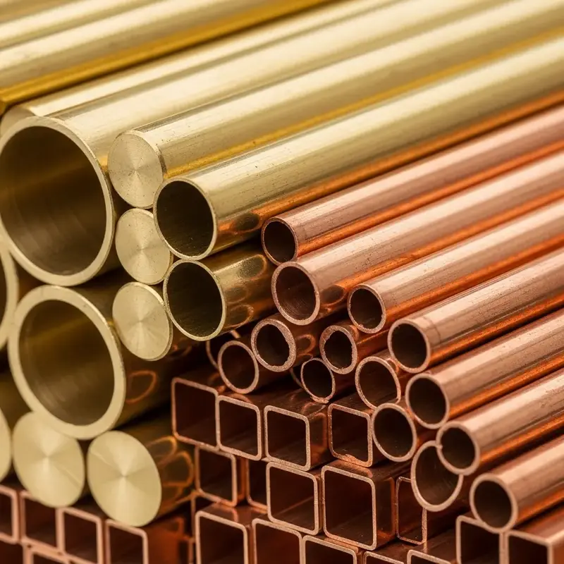 Peças de latão e cobre em diferentes formatos, prontas para aplicação.