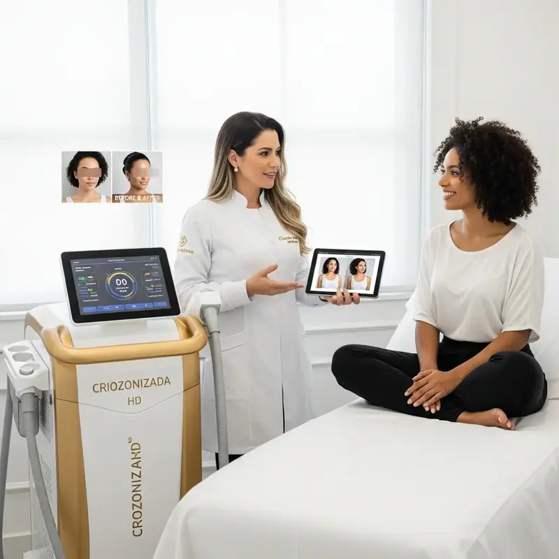 Mulher recebendo tratamento de criolipólise na região abdominal, com foco na tecnologia Criozonizada HD.