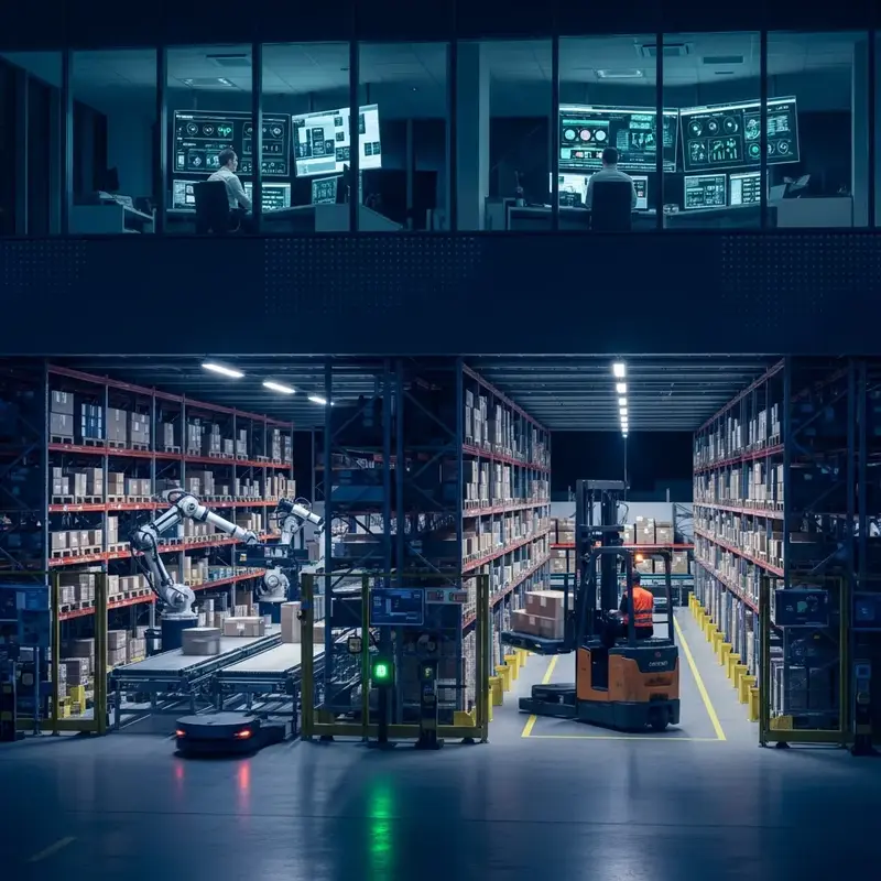Visão aérea de um centro de distribuição com empilhadeiras e sistemas automatizados.