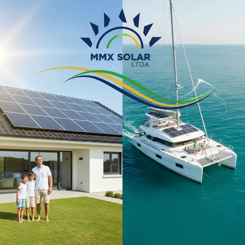 Barco com painéis solares navegando em águas claras, simbolizando autonomia.