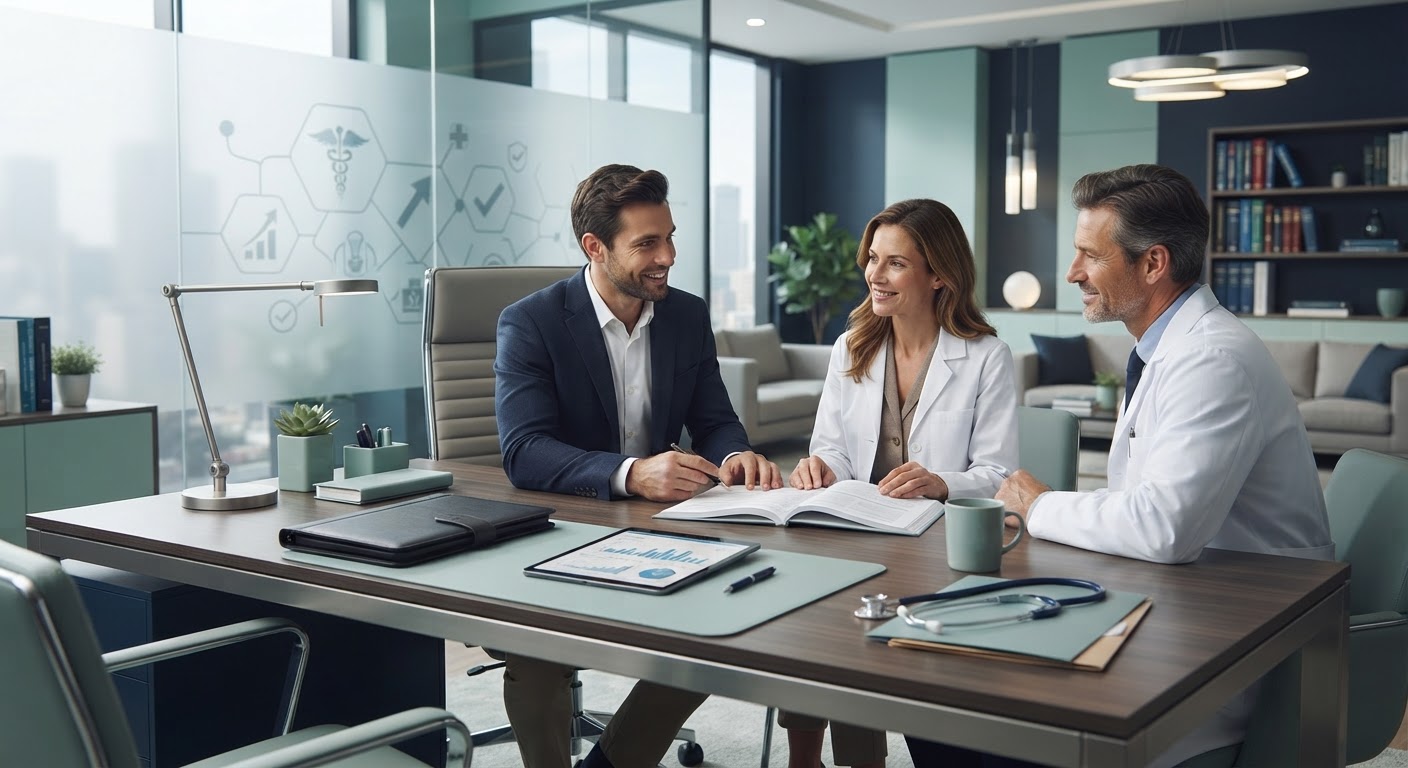 Ambiente de recepção elegante e sofisticado de clínica médica de alto padrão com iluminação suave.