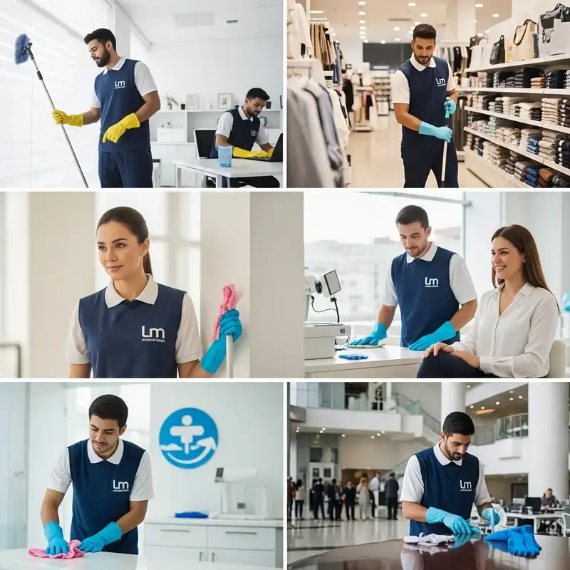 Equipe de limpeza limpando um escritório comercial