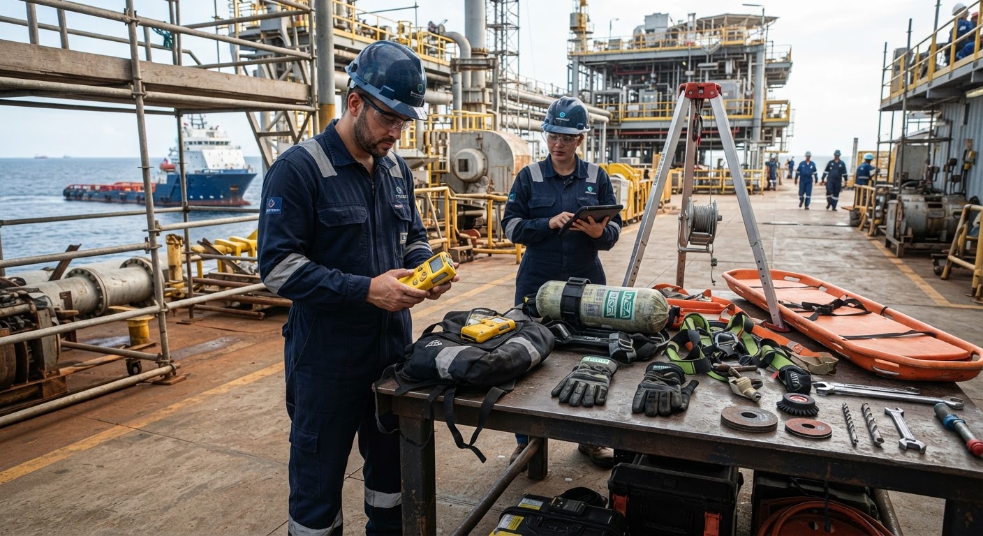 Visão geral de equipamentos de segurança e EPIs industriais organizados em estoque logístico de Macaé