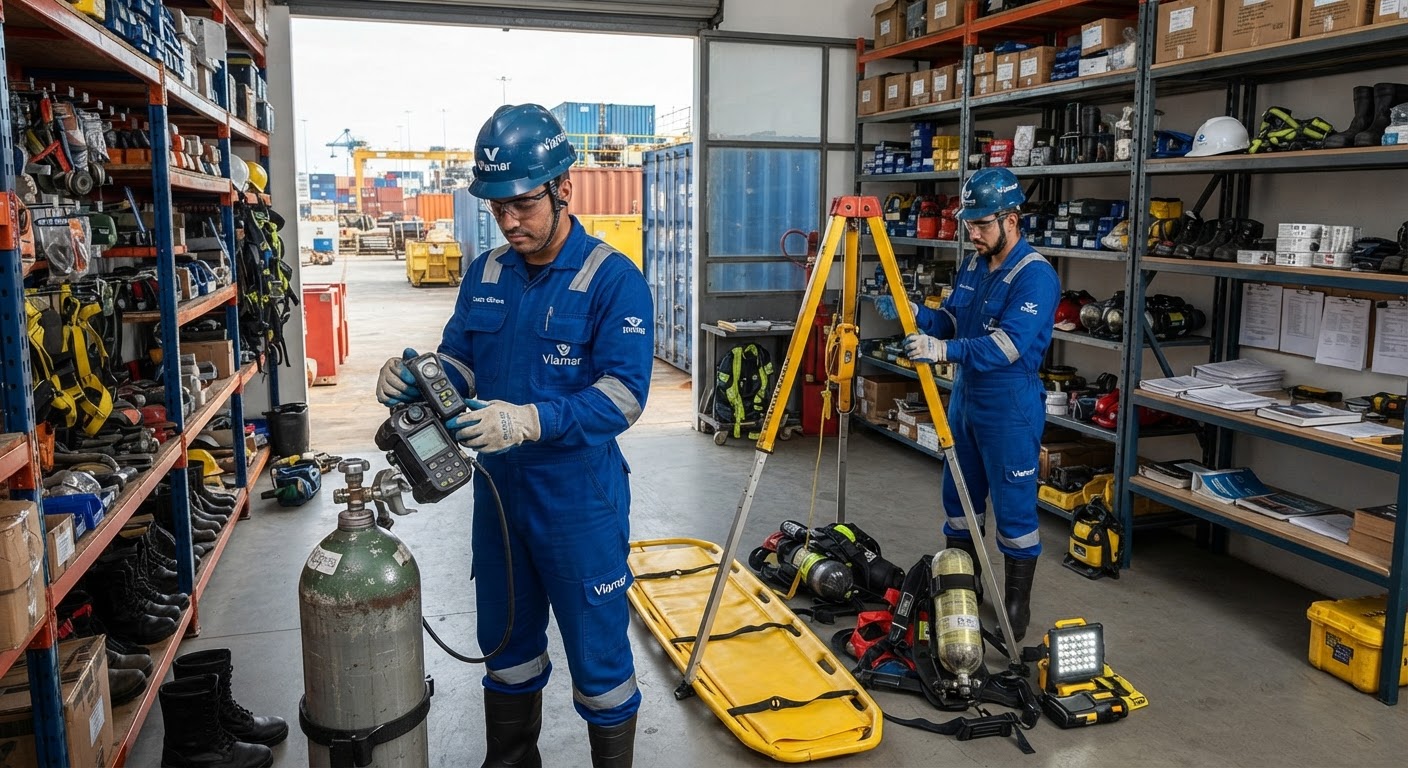 Máscaras de proteção respiratória autônoma e vestimentas industriais certificadas de alta visibilidade