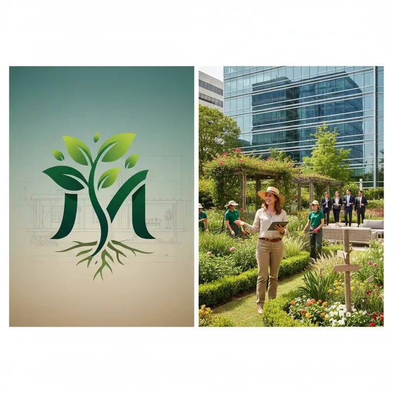 Design moderno de um jardim corporativo com plantas e elementos arquitetônicos