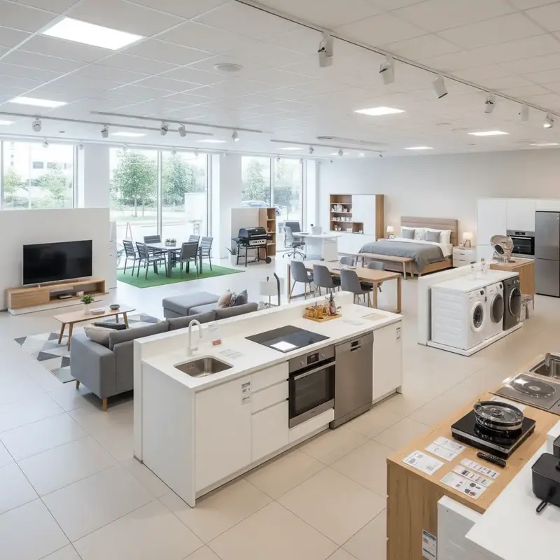 Sala de estar moderna com sofá cinza e mesa de centro de madeira.