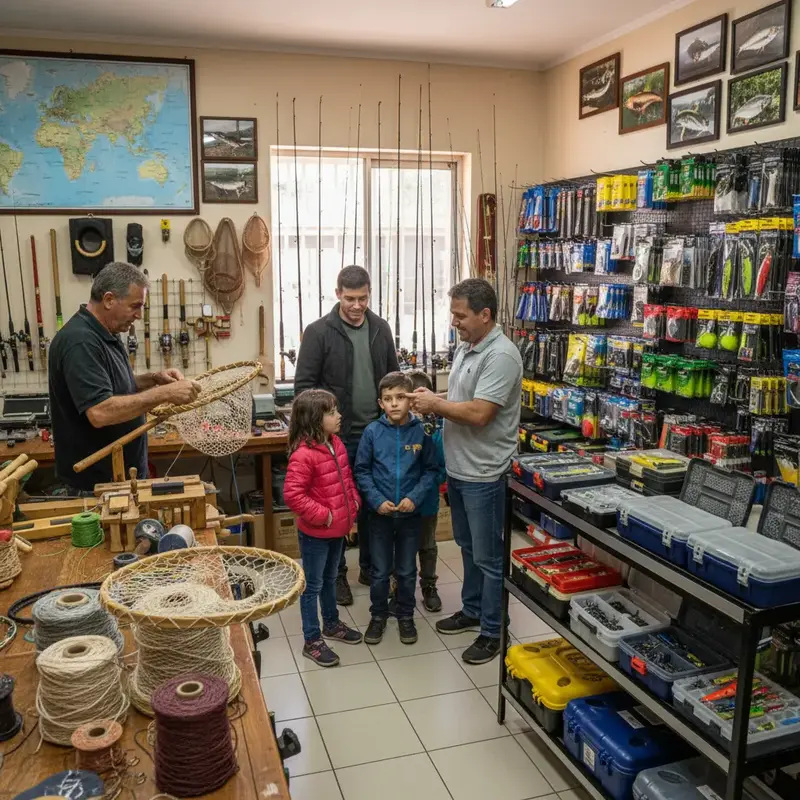 Variedade de equipamentos de pesca, incluindo varas, linhas e puçás em uma loja.
