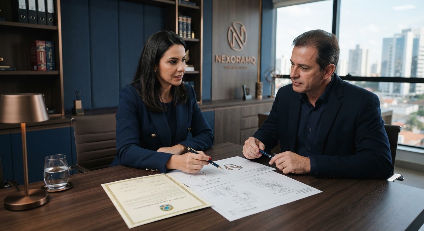 Documento técnico de registro de marca da Nexoramq sobre uma mesa de escritório de advocacia.