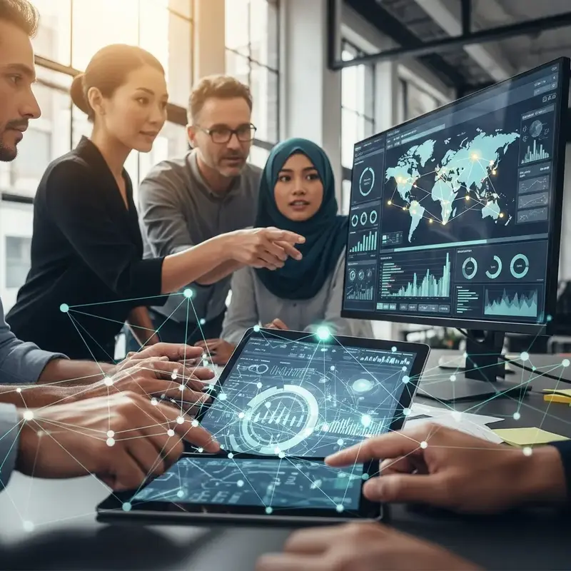 Mãos digitando em teclado com projeções de dados e moedas virtuais.