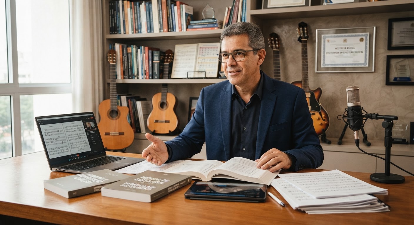 Livros didáticos de música abertos exibindo pautas, tablaturas e diagramas de acordes
