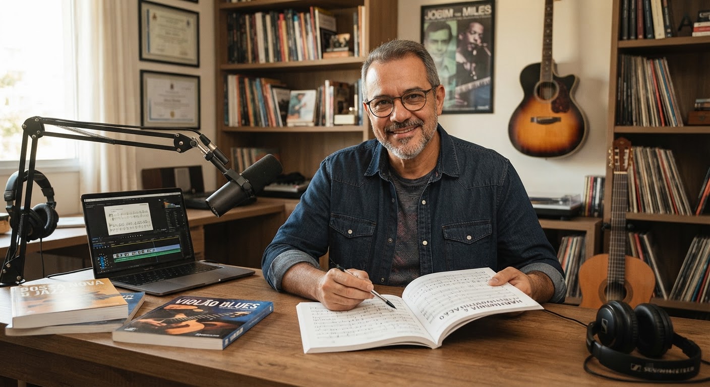 Método didático de música impresso com notas musicais exposto sobre uma mesa de estudos.