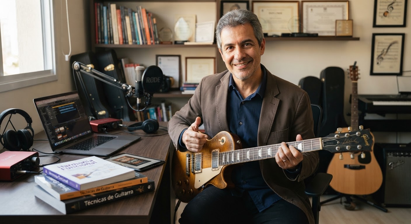 Interface de um curso de música online mostrando detalhes de teoria musical em uma tela