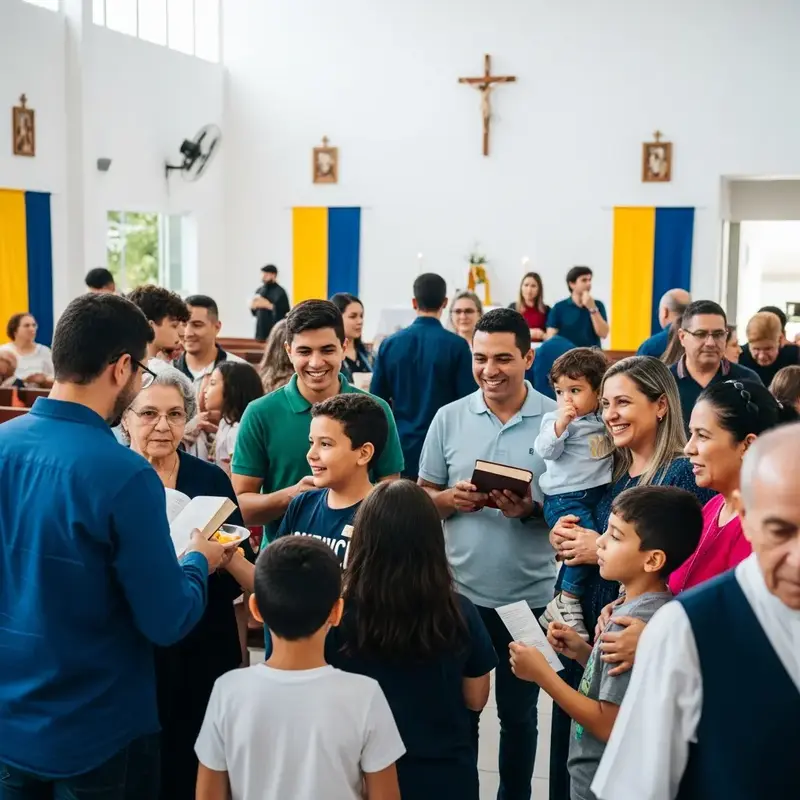 Fachada da Paróquia São João Batista com torre e cruz, sob um céu azul.