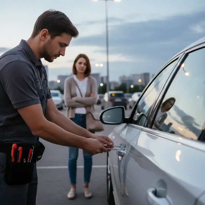 Mão de chaveiro abrindo a porta de um carro com ferramenta especializada.