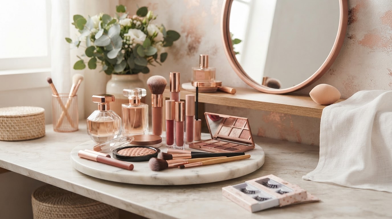Frasco de perfume com design luxuoso sobre superfície espelhada.