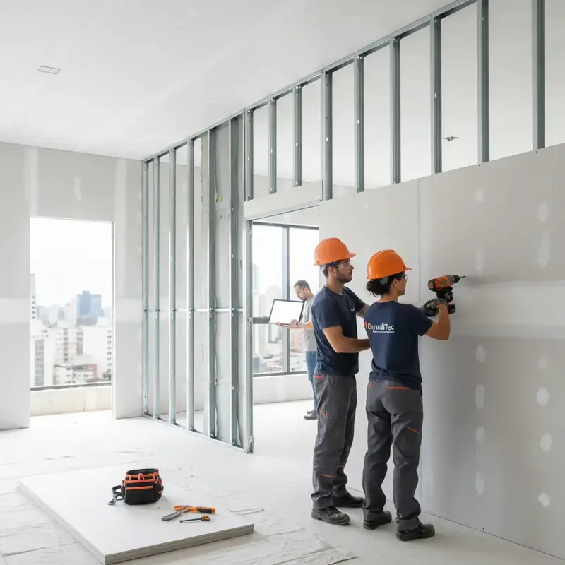 Imagem de um projeto de drywall em andamento, destacando a leveza e a estrutura da construção a seco.