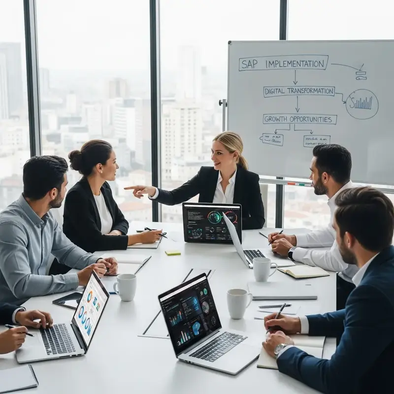 Profissionais de tecnologia discutindo estratégias em frente a um painel digital.