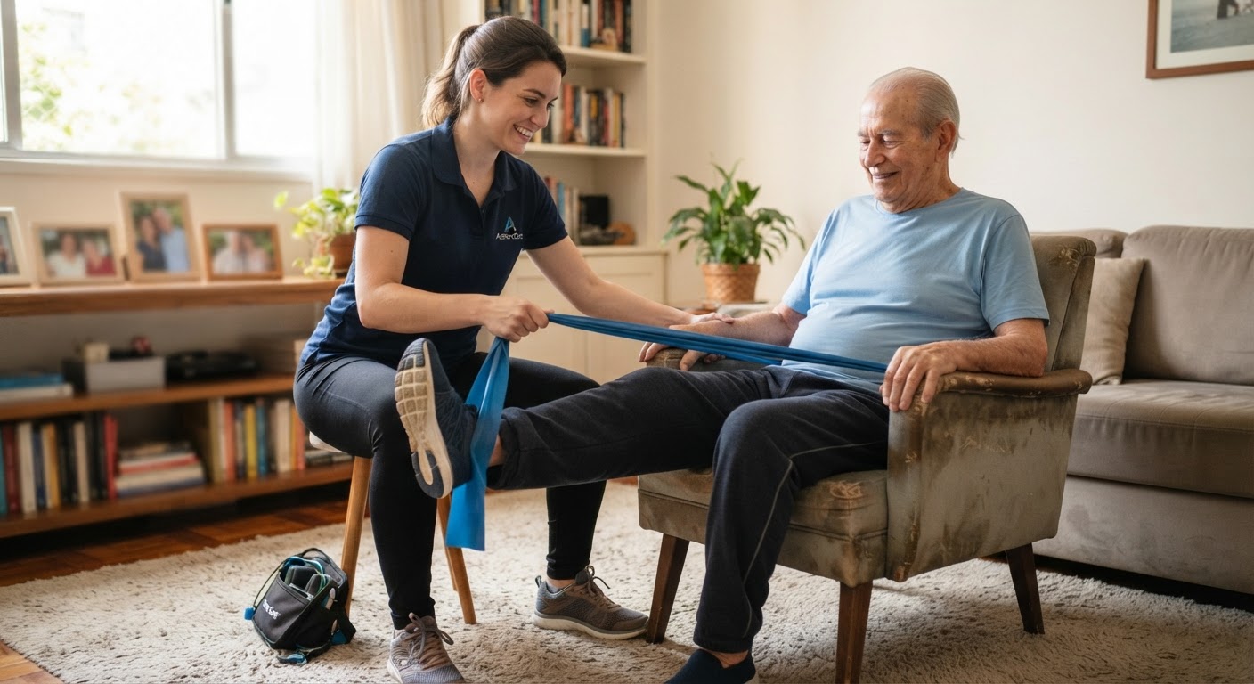 Fisioterapeuta trabalhando com paciente em reabilitação neurológica em casa.