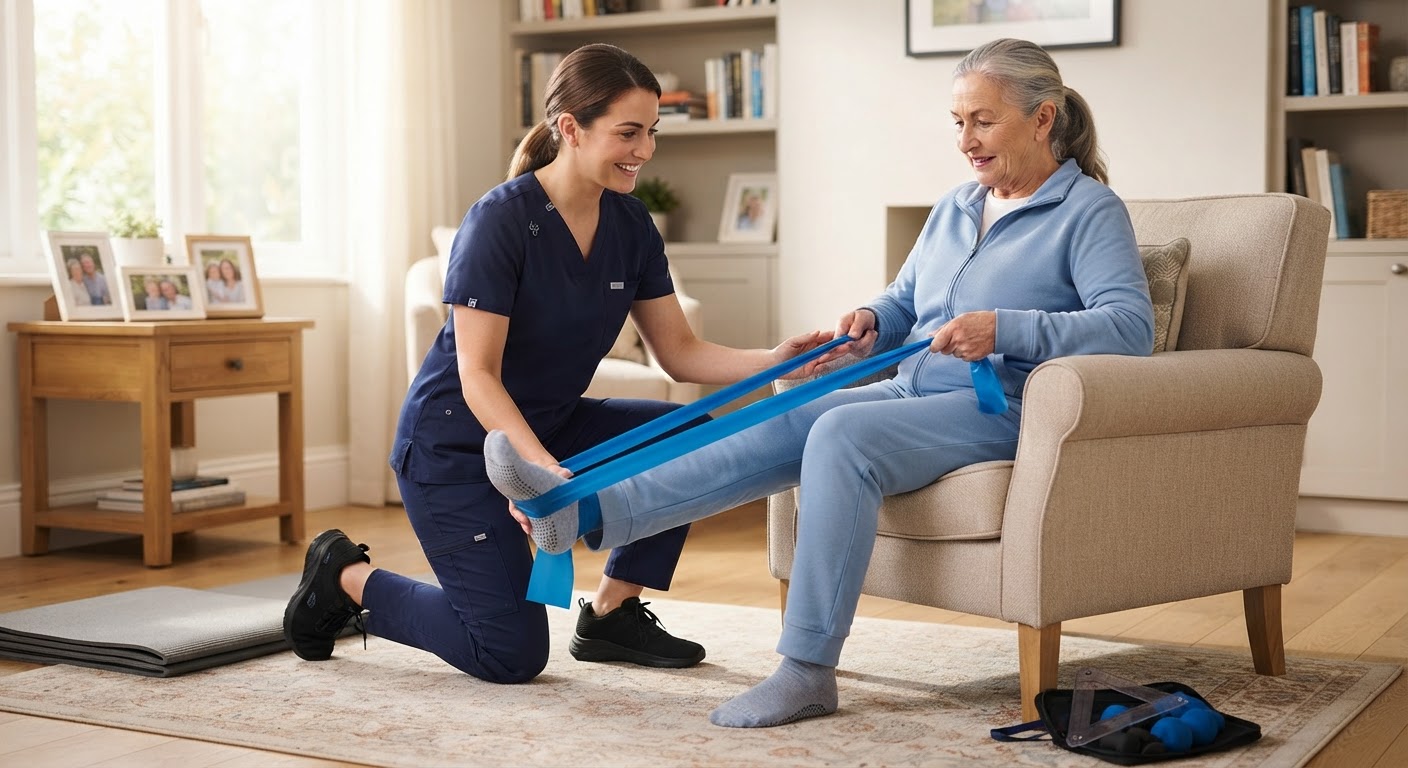 Fisioterapeuta demonstrando exercícios de alongamento para paciente em casa.
