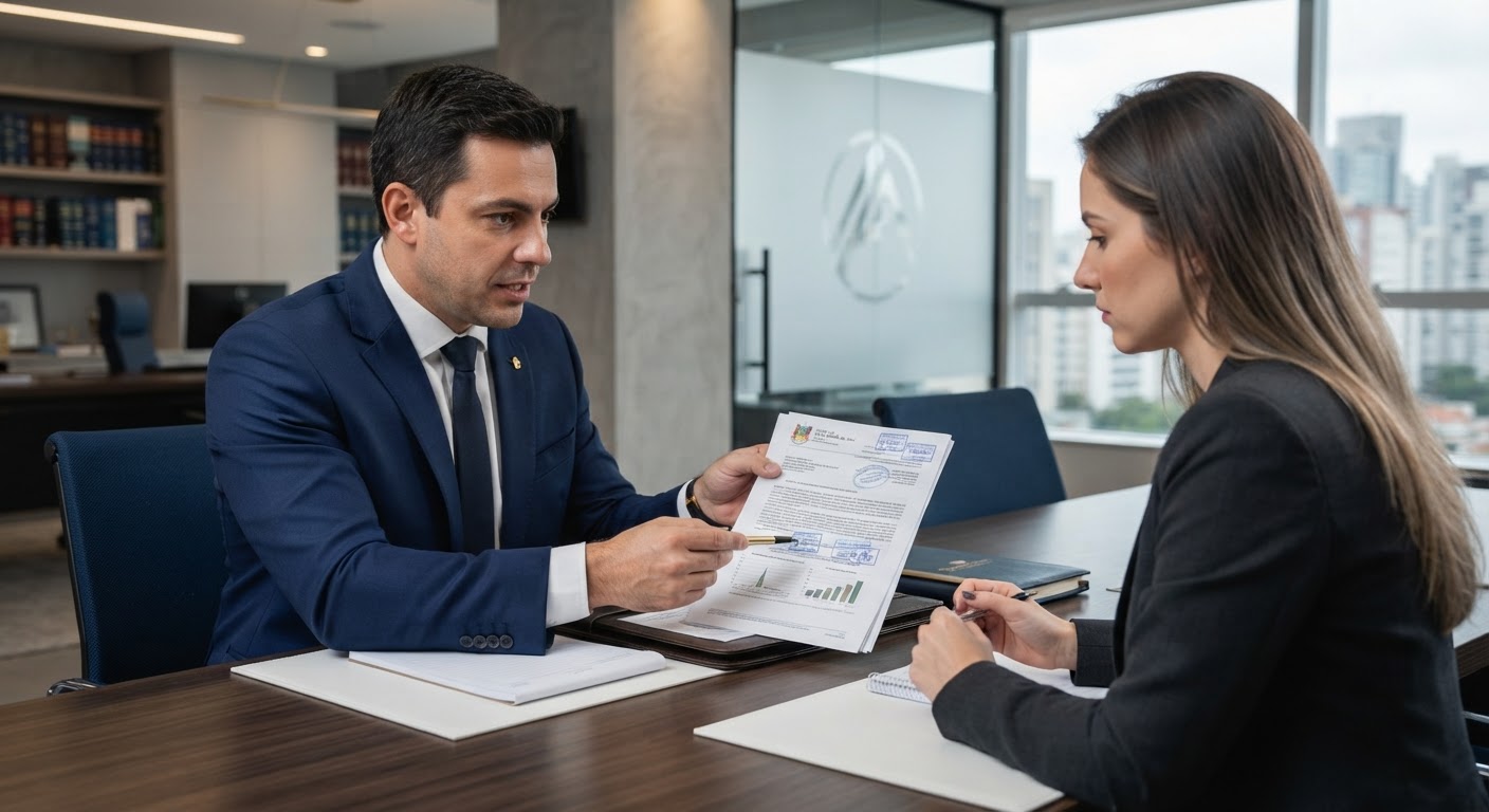 Mesa executiva organizada com detalhes em dourado sob fundo levemente desfocado em escritório de advocacia.