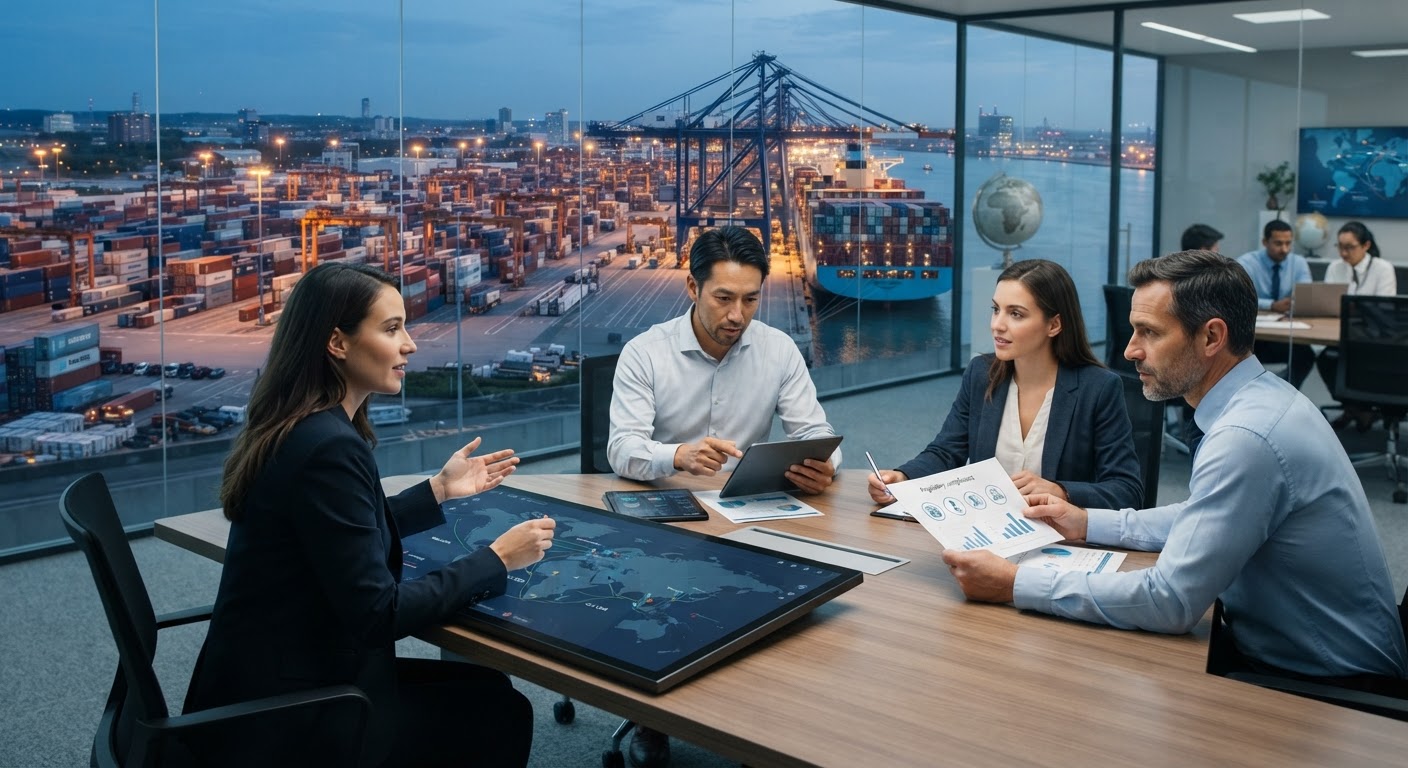 Equipe internacional colaborando em um ambiente de escritório moderno, simbolizando credibilidade e sucesso.