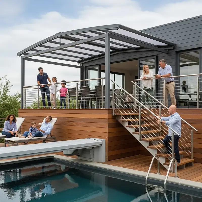 Profissional instalando estrutura de deck de madeira com ferramentas