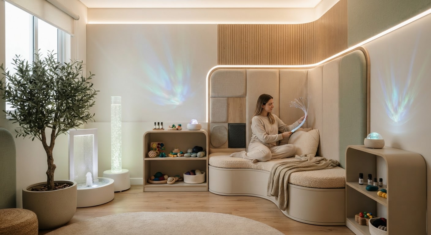 Equipamentos de iluminação adaptável em uma sala sensorial, com cores suaves e ajustáveis.