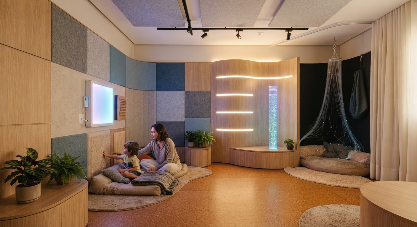 Detalhe de um tubo de bolhas em uma sala sensorial, com luzes coloridas e efeito calmante.
