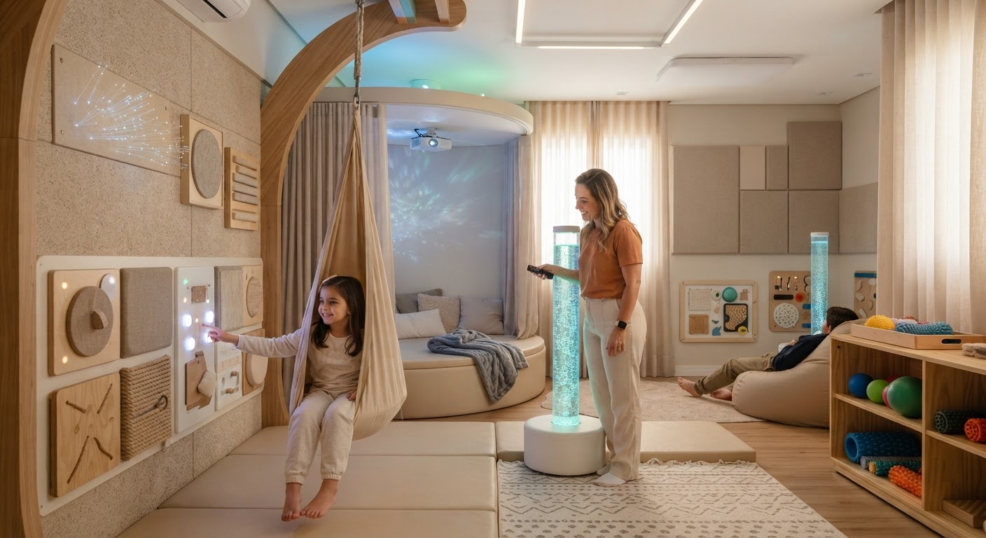 Criança explorando um painel tátil em uma sala sensorial com iluminação colorida.